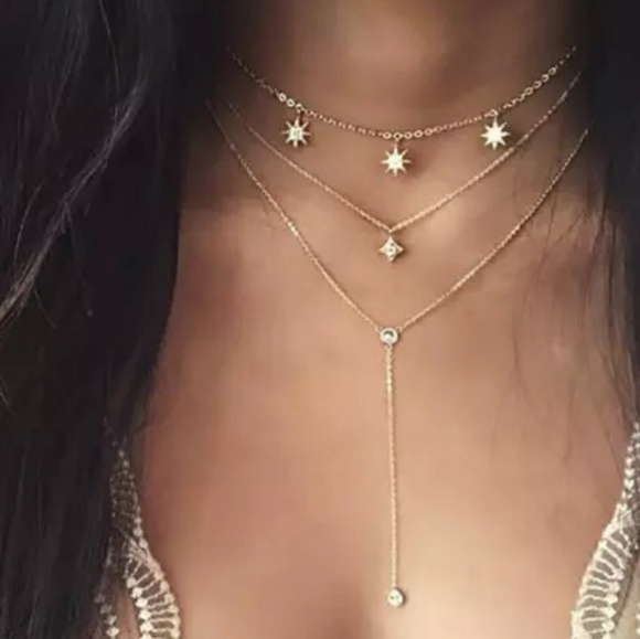 NEW Gold Triple Layer Star Lariat Choker Necklace - Picture 3 of 6